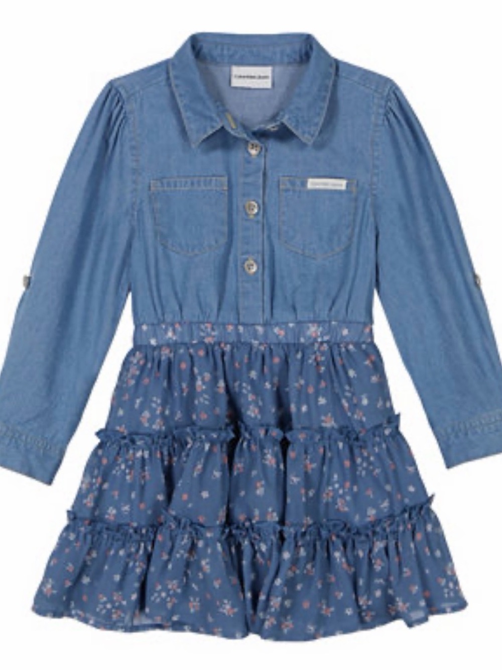 Calvin Klein Little Girls Denim-and-Floral Georgette Tiered Shirtdress